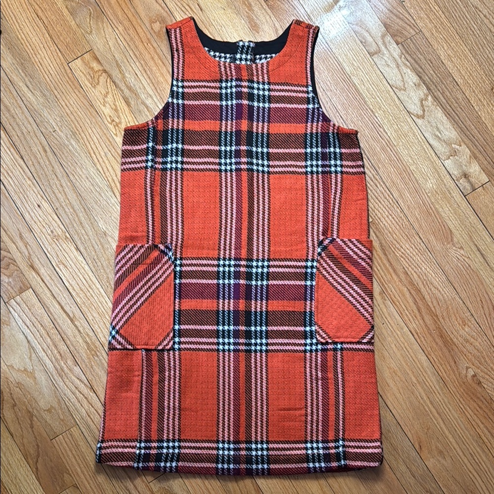 Susina Dress Women's Sleeveless Orange and Black Plaid Dress M Petite